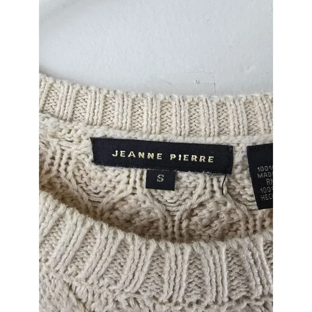 CHUNKY CABLE KNIT COTTON SWEATER Womens S Jeanne Pierre Fisherman Cream Ivory - Picture 3 of 9